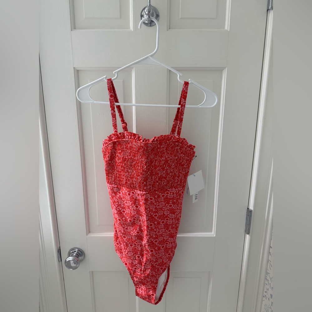 NWT DM Fashion Smocked One Piece Women's Swimsuit - Marigold Cherry Red - SMALL - Picture 2 of 10